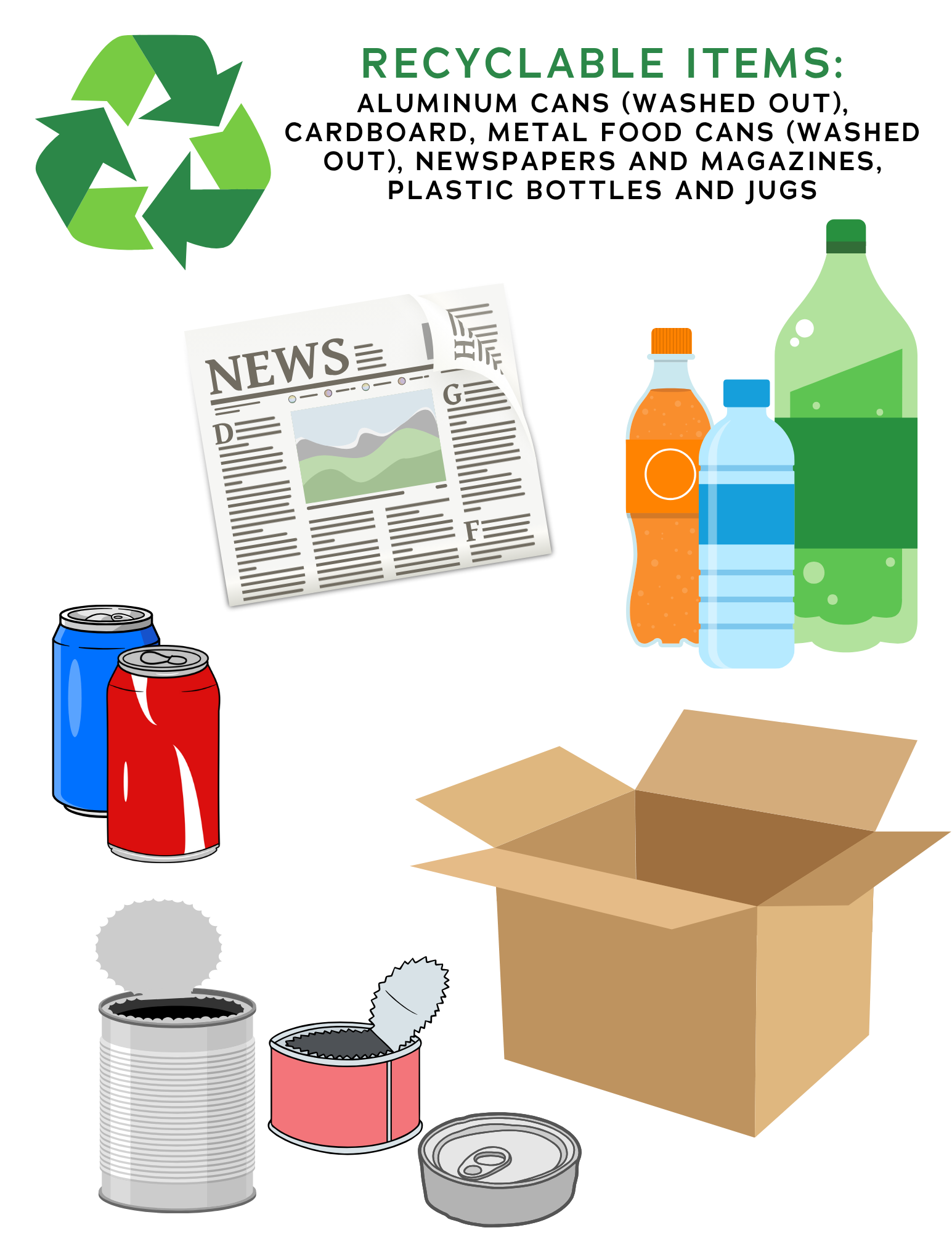 Recyclable items shown Aluminum cans (washed out), Cardboard, Metal food cans (washed out), Newspape